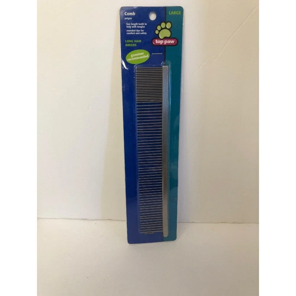 Top Paw Pet Comb Large Silver Long Hair Breeds Dual Length Teeth Rounded Tips